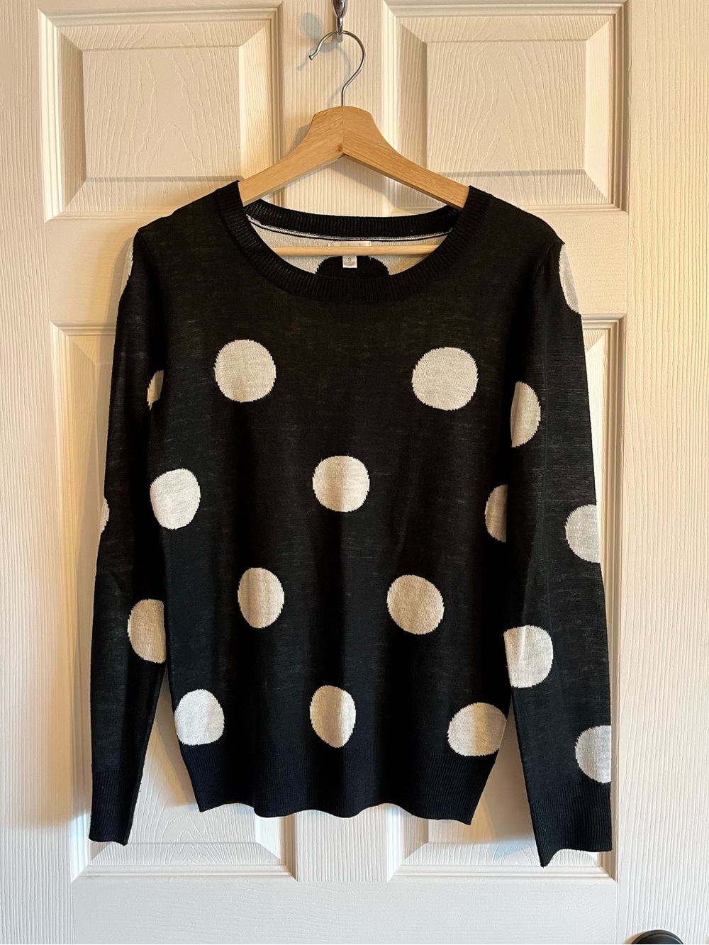 Charming Charlie Women’s Black Sweater with Cream Polka Dots